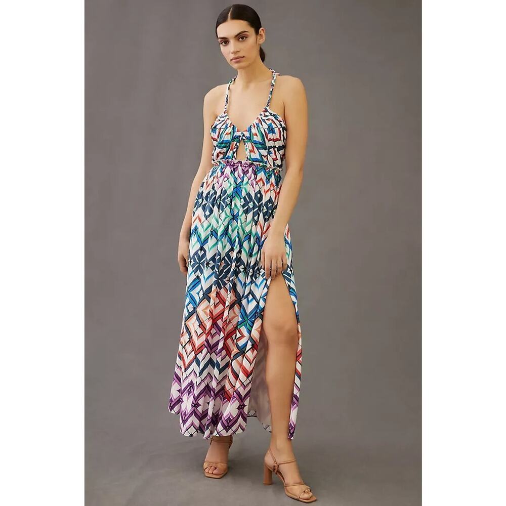 NWT By Anthropologie Halter Midi Dress SIZE 4 Rainbow Abstract Geo # MD43